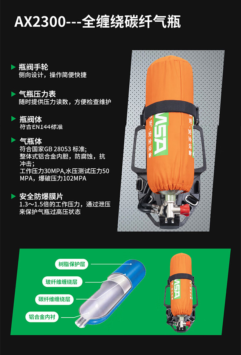 MSA梅思安10241810正壓式空氣呼吸器9L無(wú)表瓶閥AX2300 8